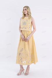 Yellow Sleeveless Cropped Top with Leaf Cutouts