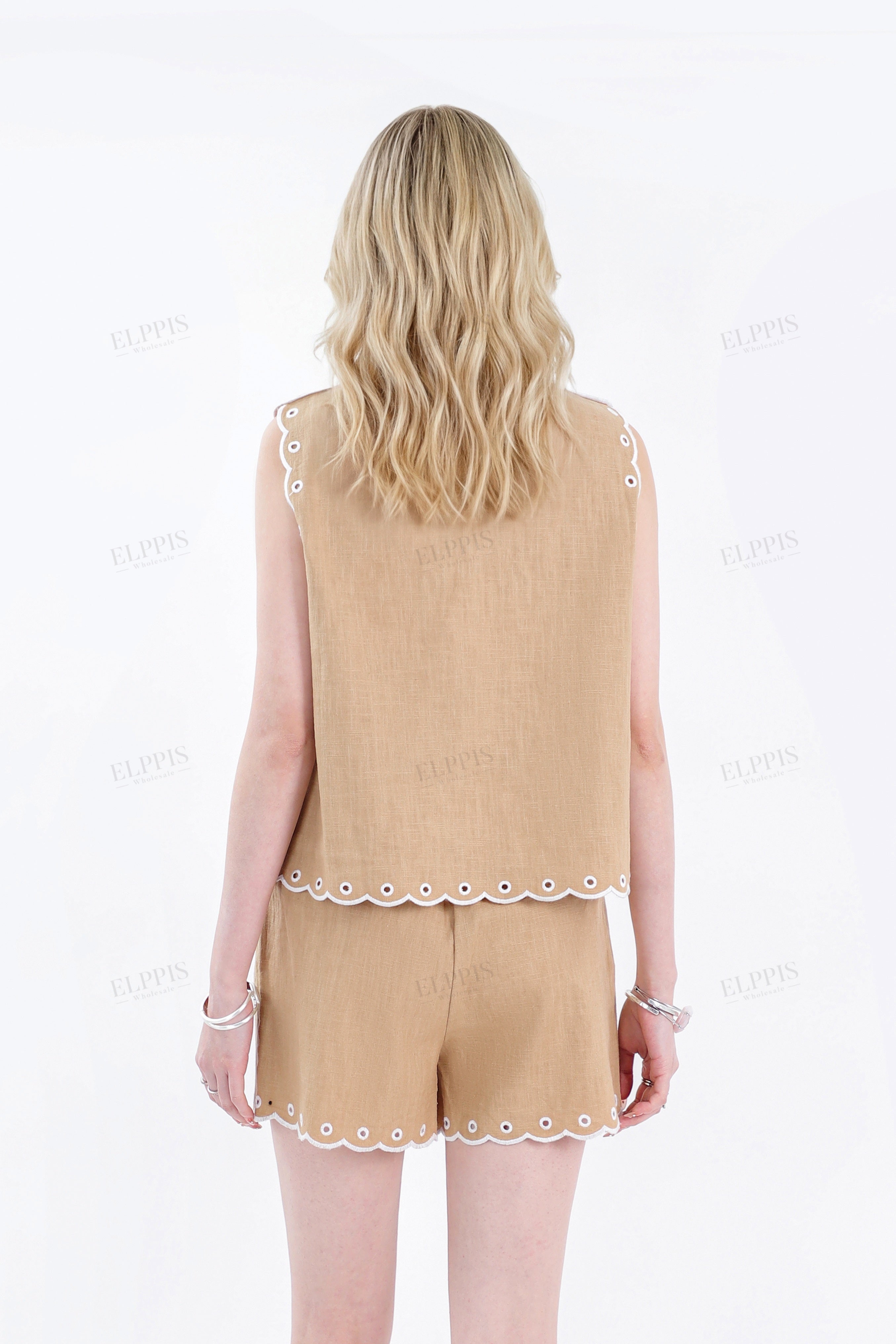 Beige Sleeveless Blouse with Black Lace Embroidery & Shoulder Detail