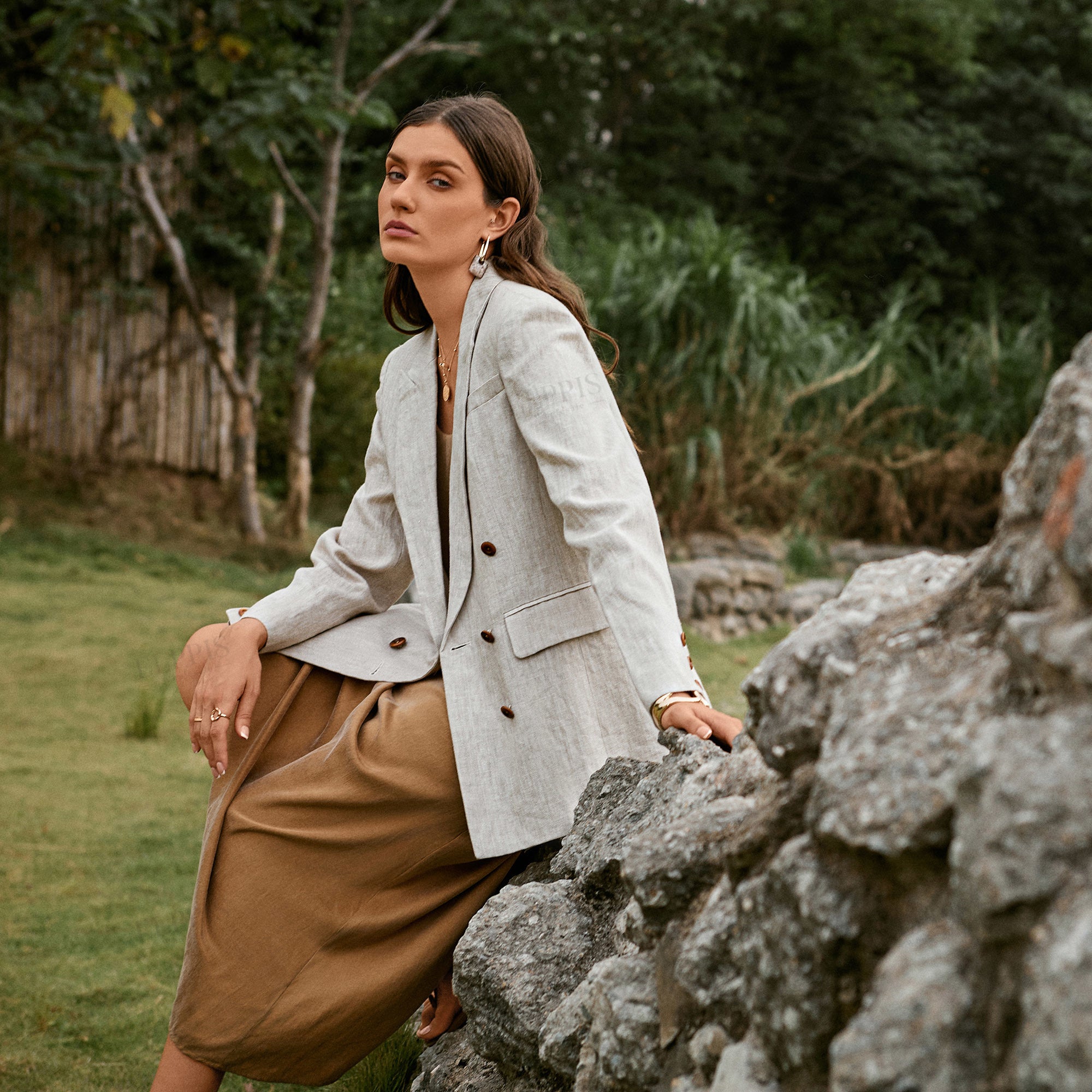 Beige cotton linen blazer long sleeve blazer