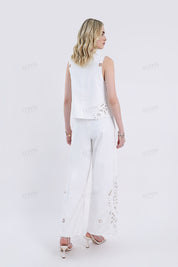 White Sleeveless Top with Cutout Embroidery Detail