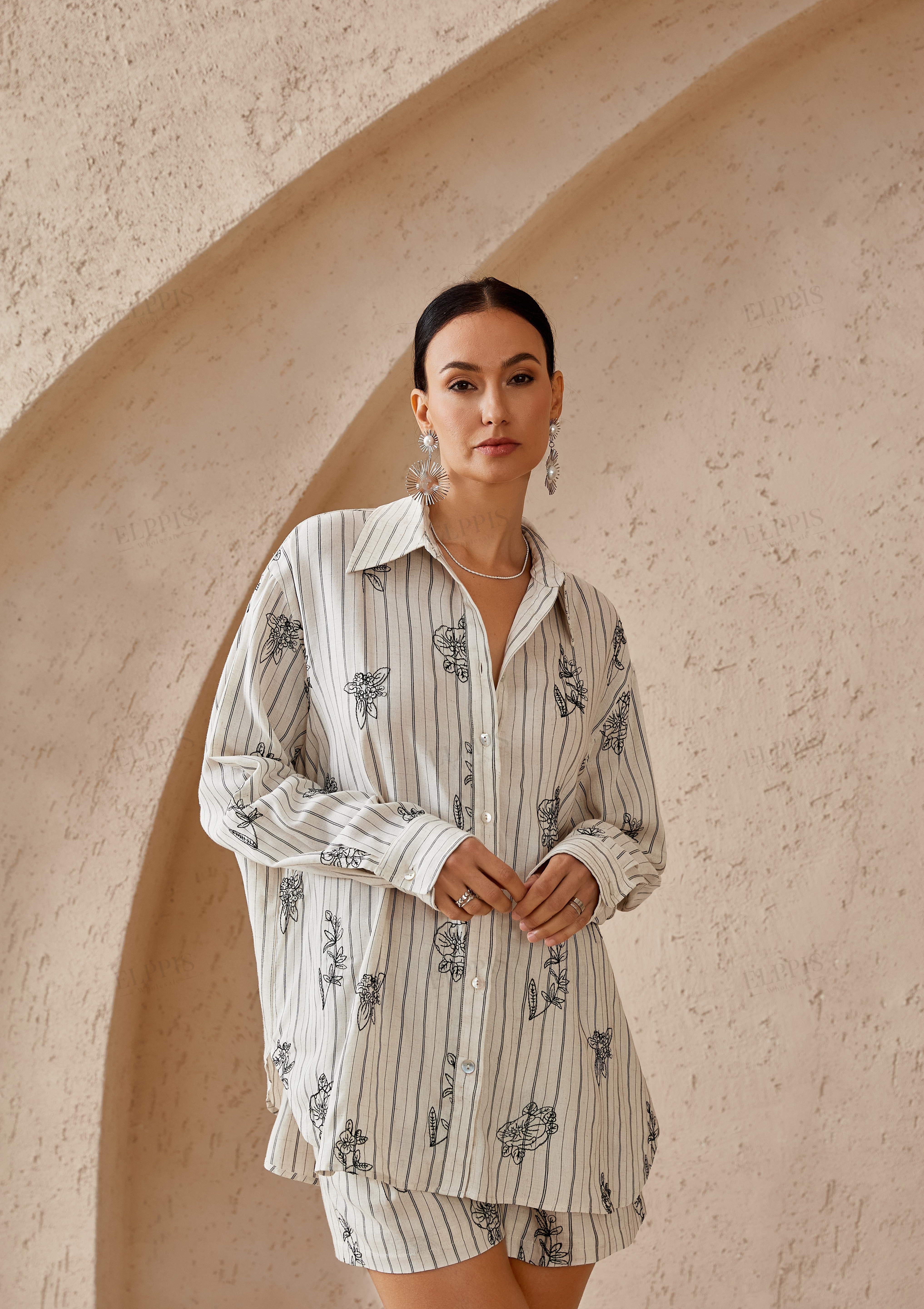 Beige Striped Cotton-Blend Shirt with Black Floral Print