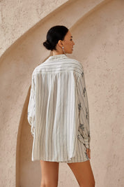 Beige Striped Cotton-Blend Shirt with Black Floral Print