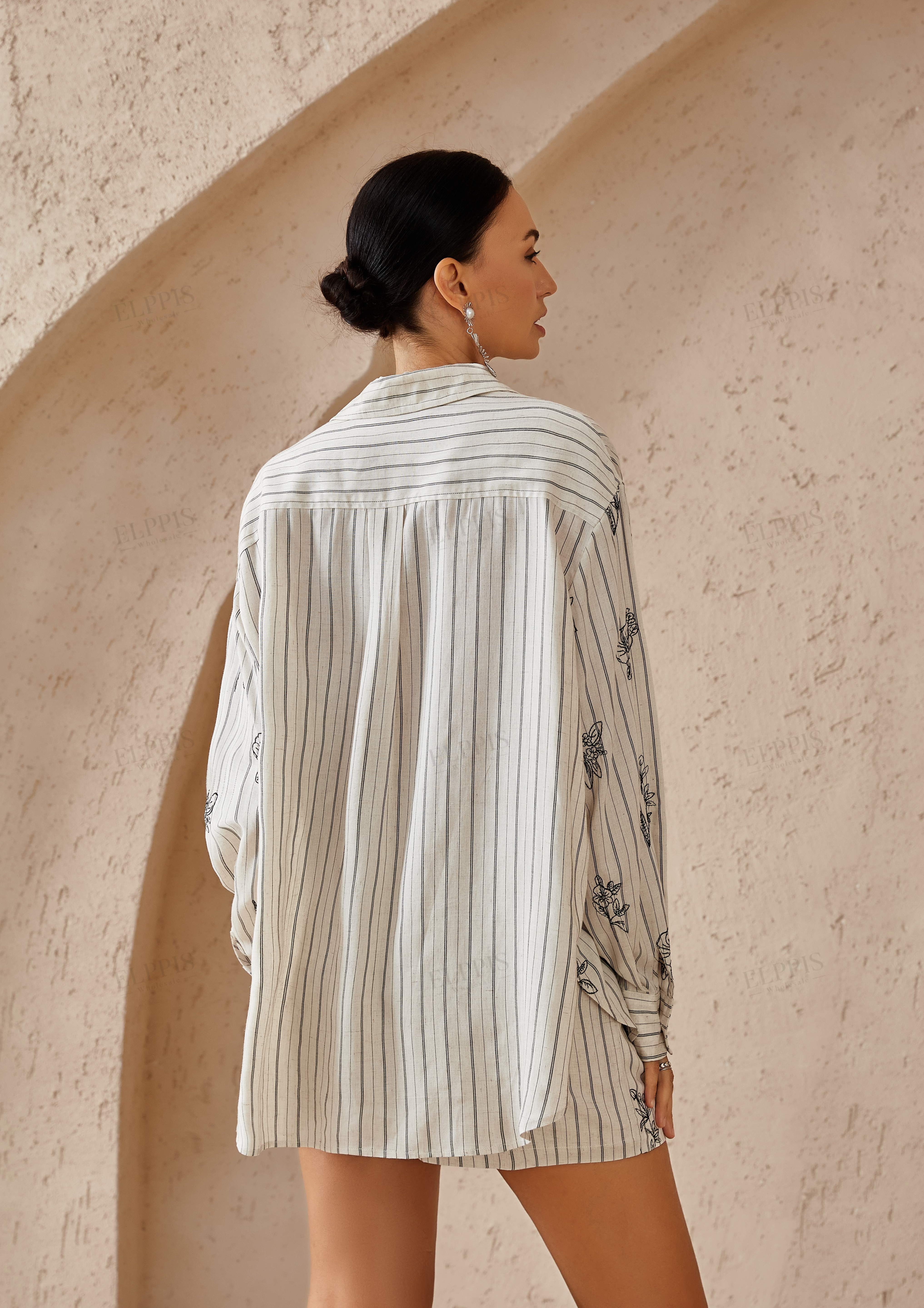 Beige Striped Cotton-Blend Shirt with Black Floral Print