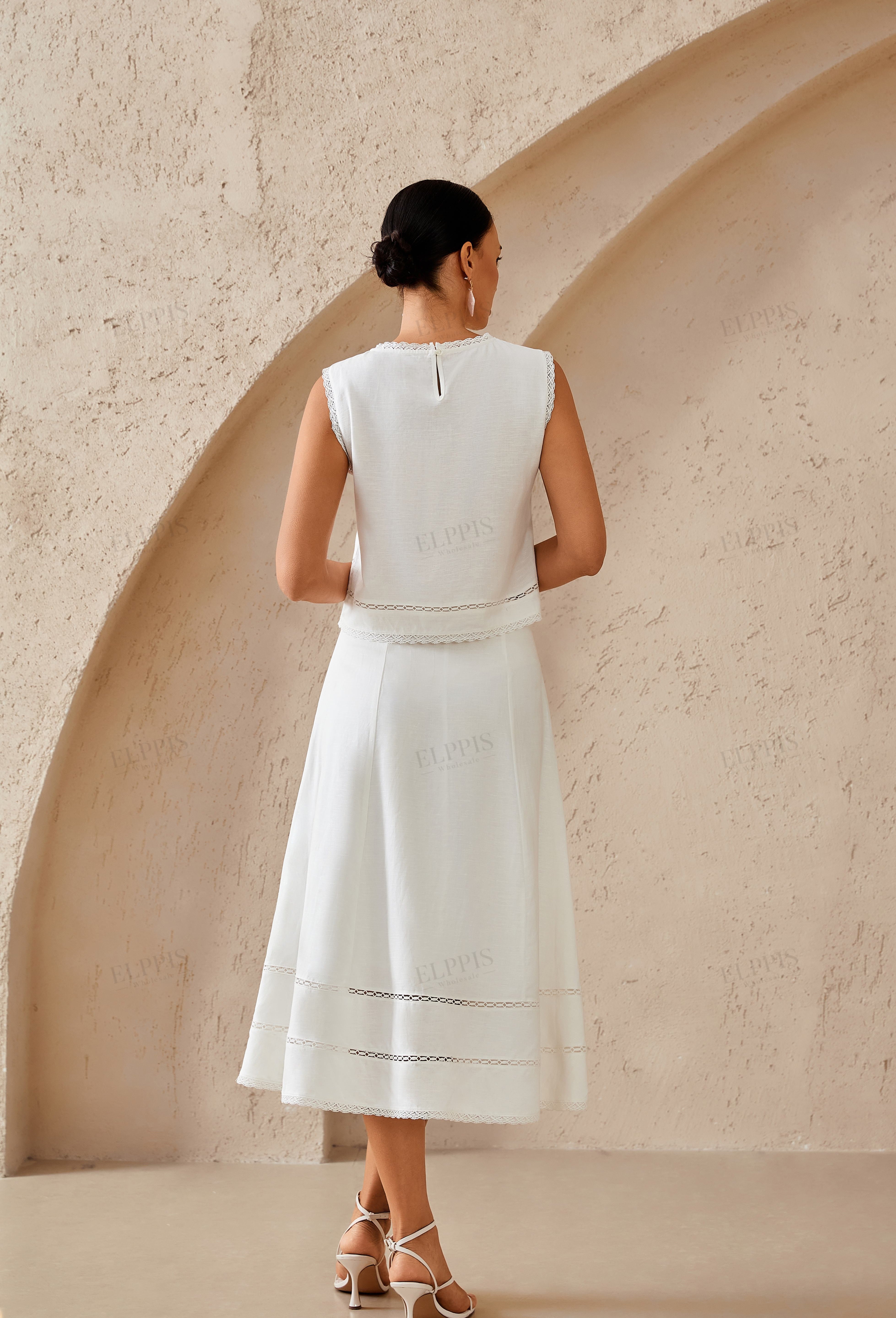White Linen Sleeveless Top with Eyelet Lace Detailing