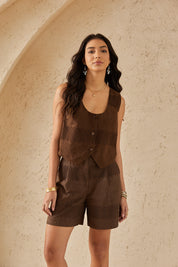 Brown Sleeveless Vest with Cutwork Lace & Textured Detail