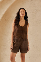Brown Sleeveless Vest with Cutwork Lace & Textured Detail