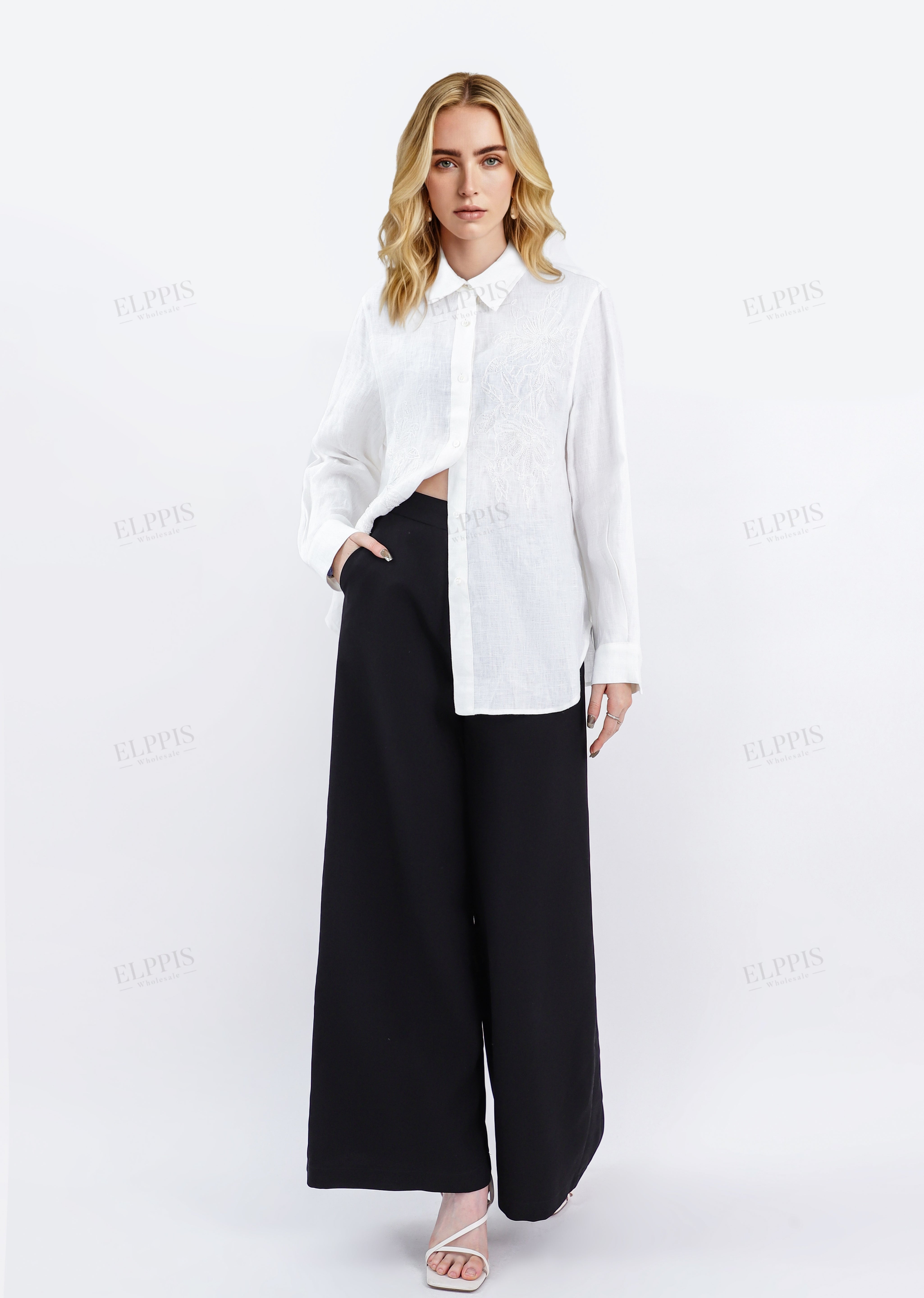 White Embroidered Linen Long Sleeves Shirt
