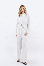Cream Yarn-Dyed Striped Linen Wide-Leg Pants