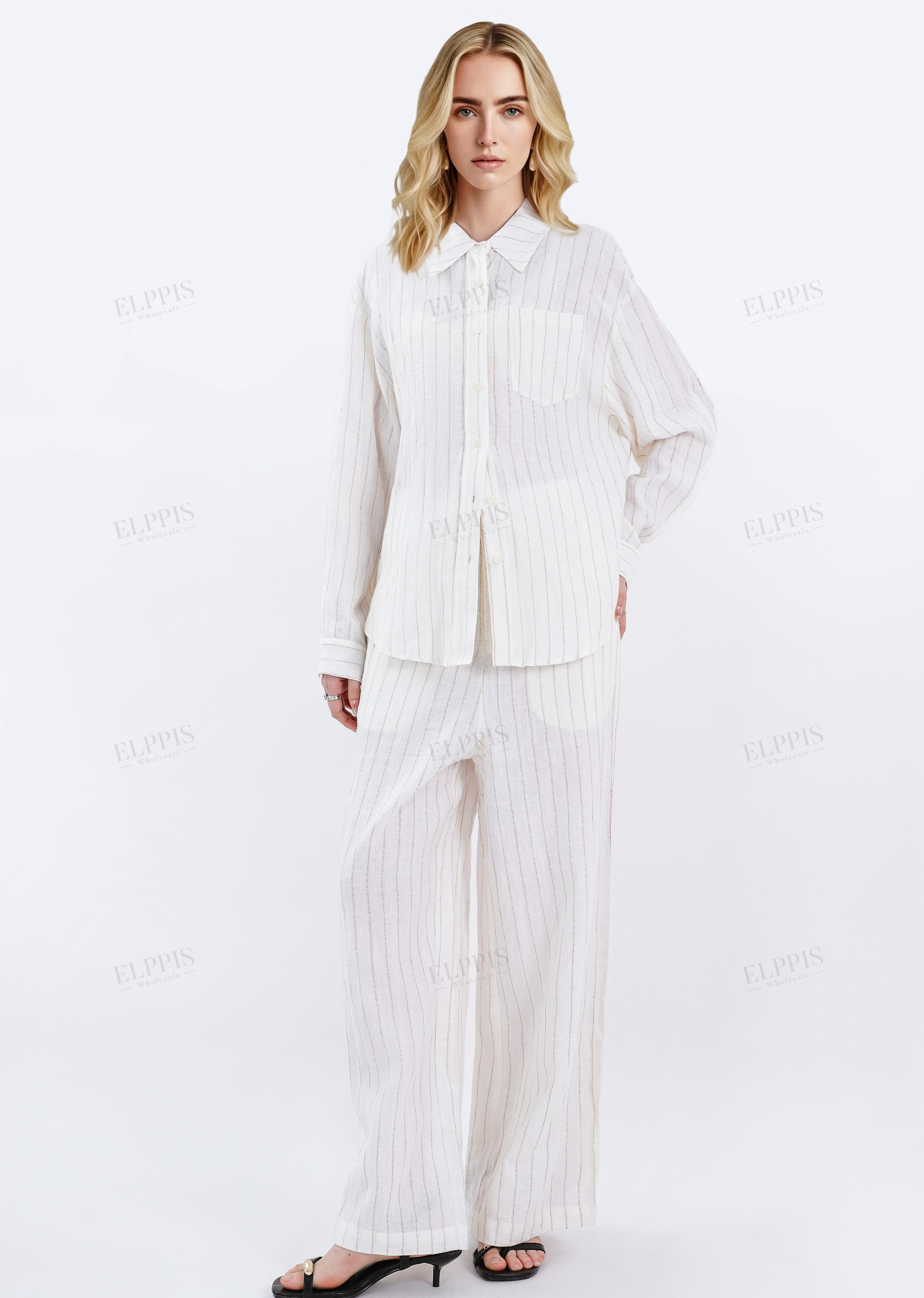 Cream Yarn-Dyed Striped Linen Oversized Long-Sleeve Shirt