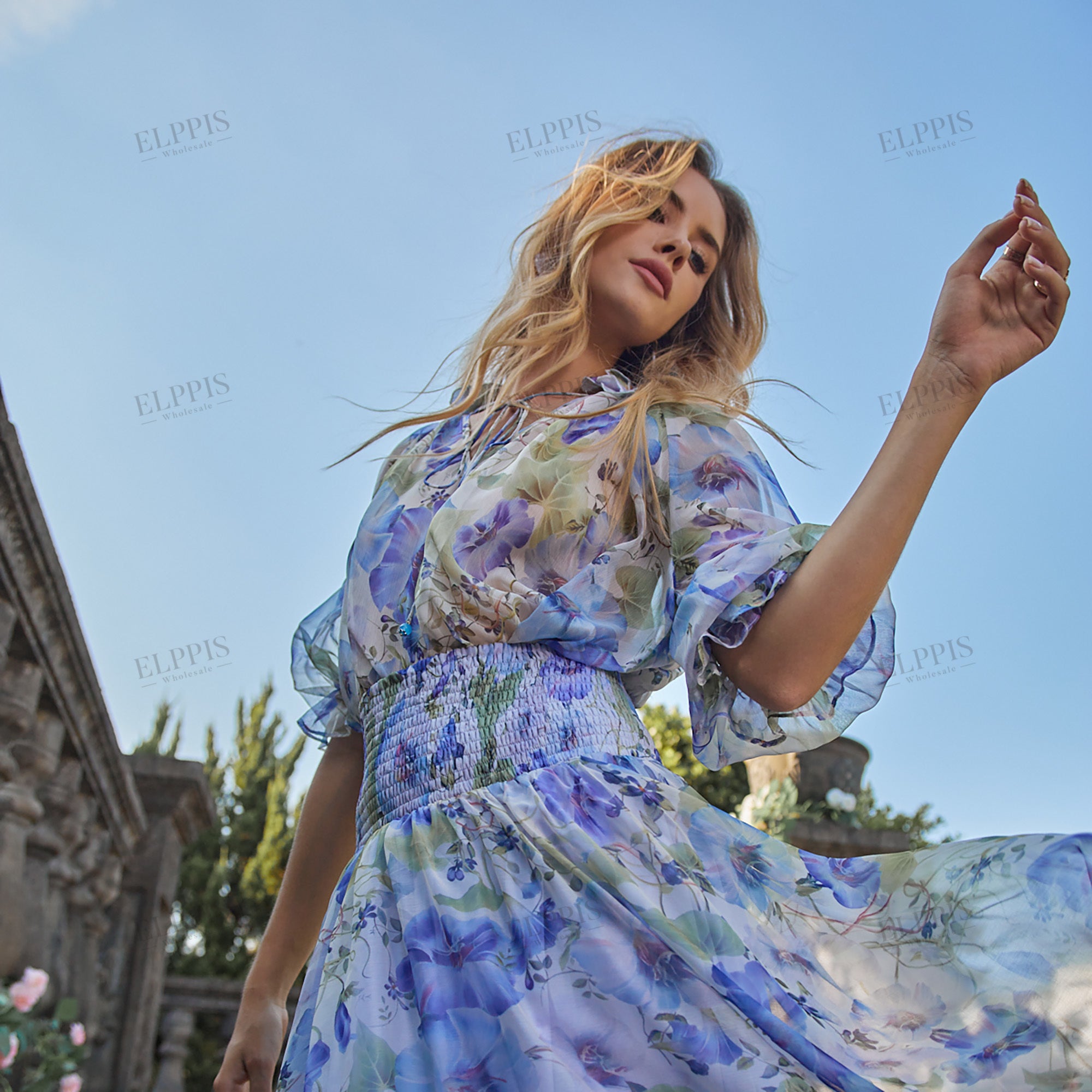 Chiffon printed H-line long sleeve top