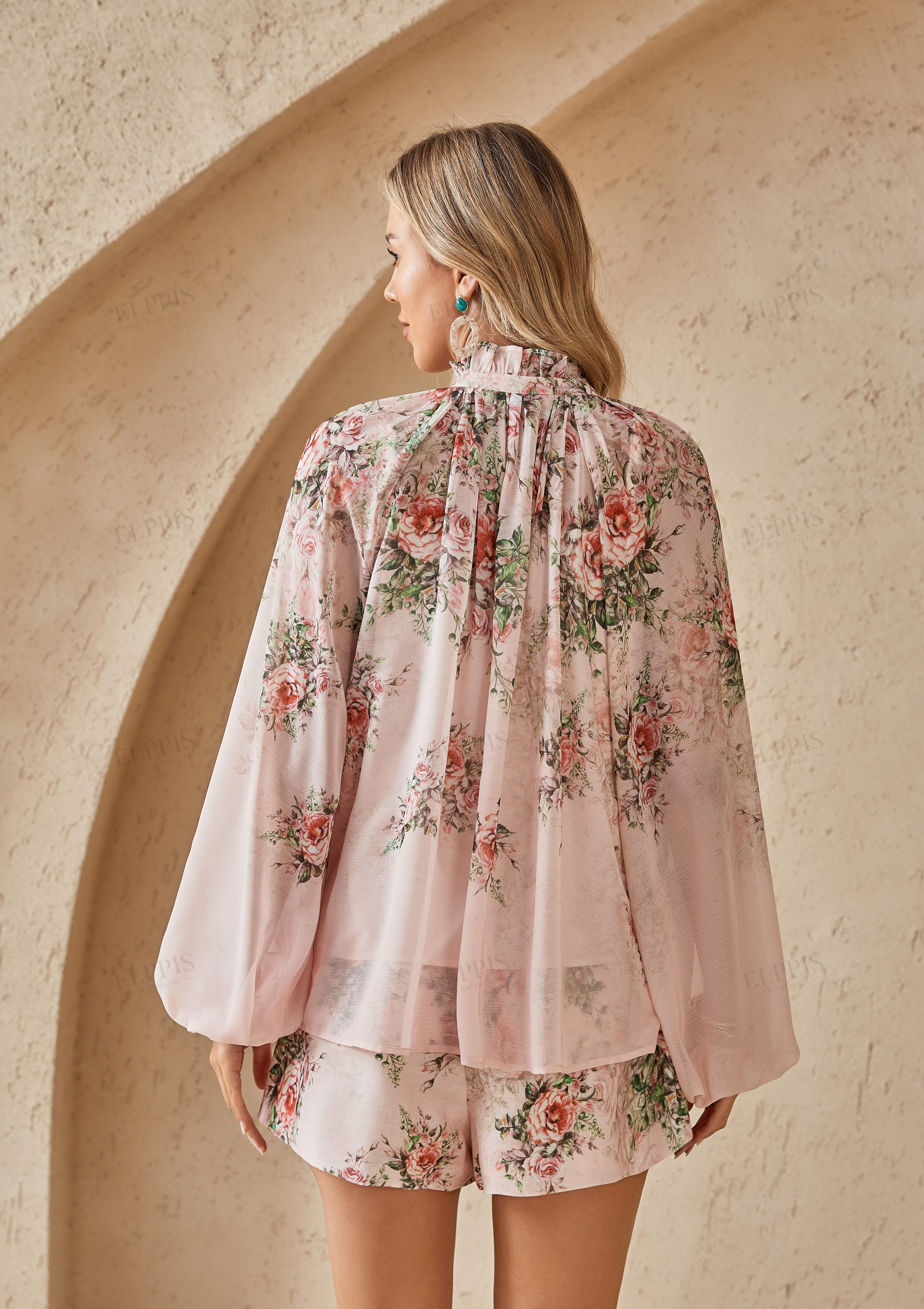 Blush Pink Rose Print Linen Blend Shorts with Self-Tie Belt
