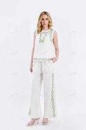 Beige Cotton-Linen Blend Embroidered Wide-Leg Pants