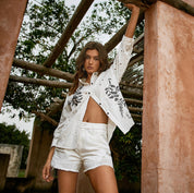 Cut-out cotton embroidered H-line long sleeve shirt