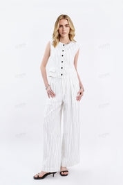 White Viscose-Linen Blend Striped Wide-Leg Pants