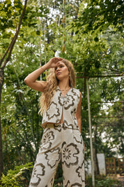 Cream Wide-Leg Pants with Olive Floral Embroidery