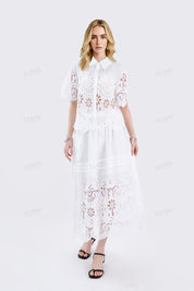 White Lace Cropped Shirt with Short Sleeves & Collar