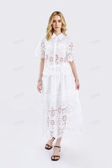 White Lace Cropped Shirt with Short Sleeves & Collar