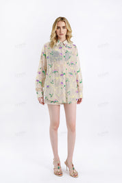 Beige Floral Embroidery Lightweight Elastic Waist Shorts