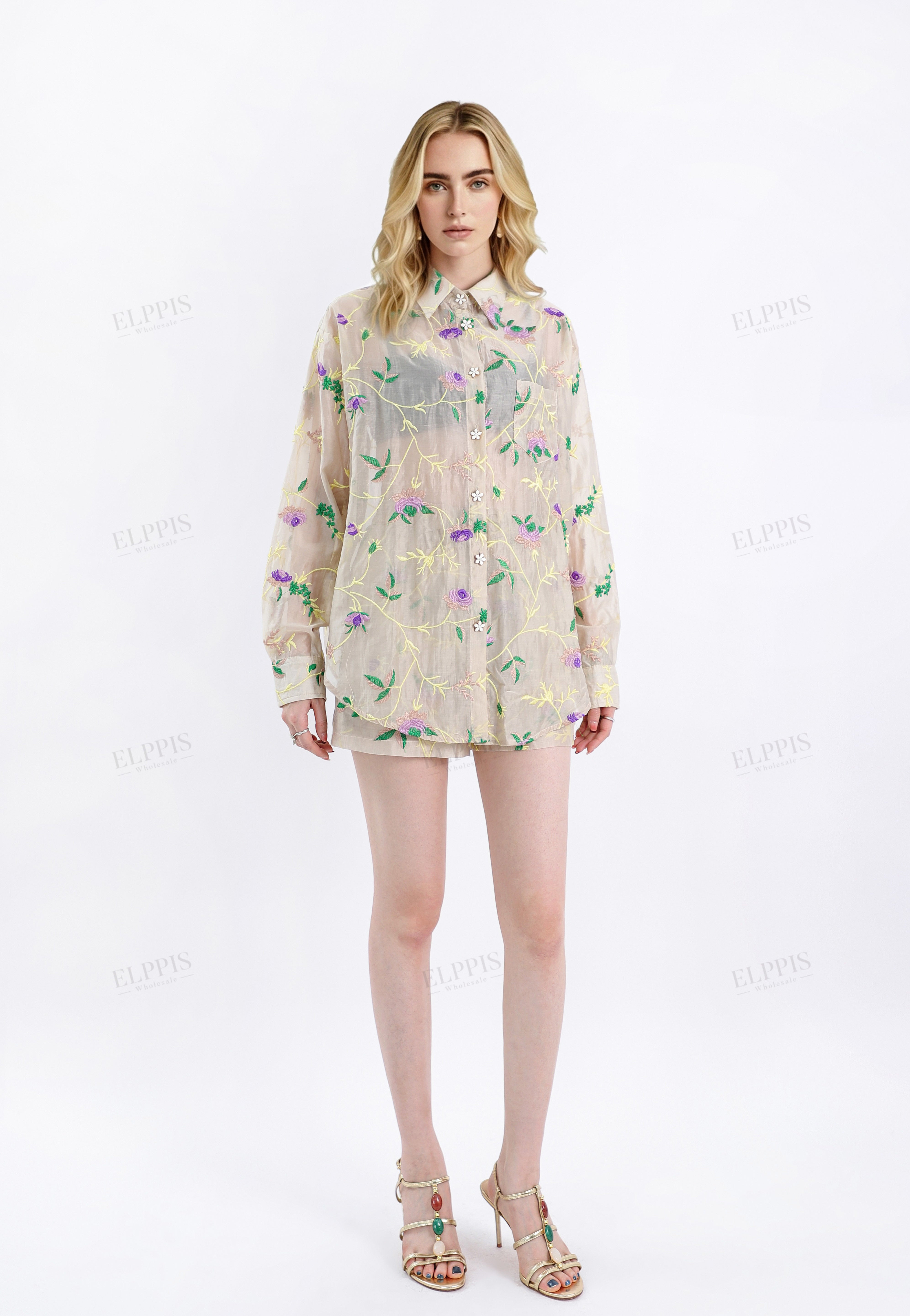 Beige Floral Embroidery Lightweight Elastic Waist Shorts