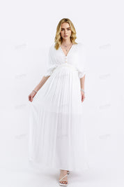 White Deep V-Neck Maxi Dress with Pearl Trim & Short Batwing Sleeves
