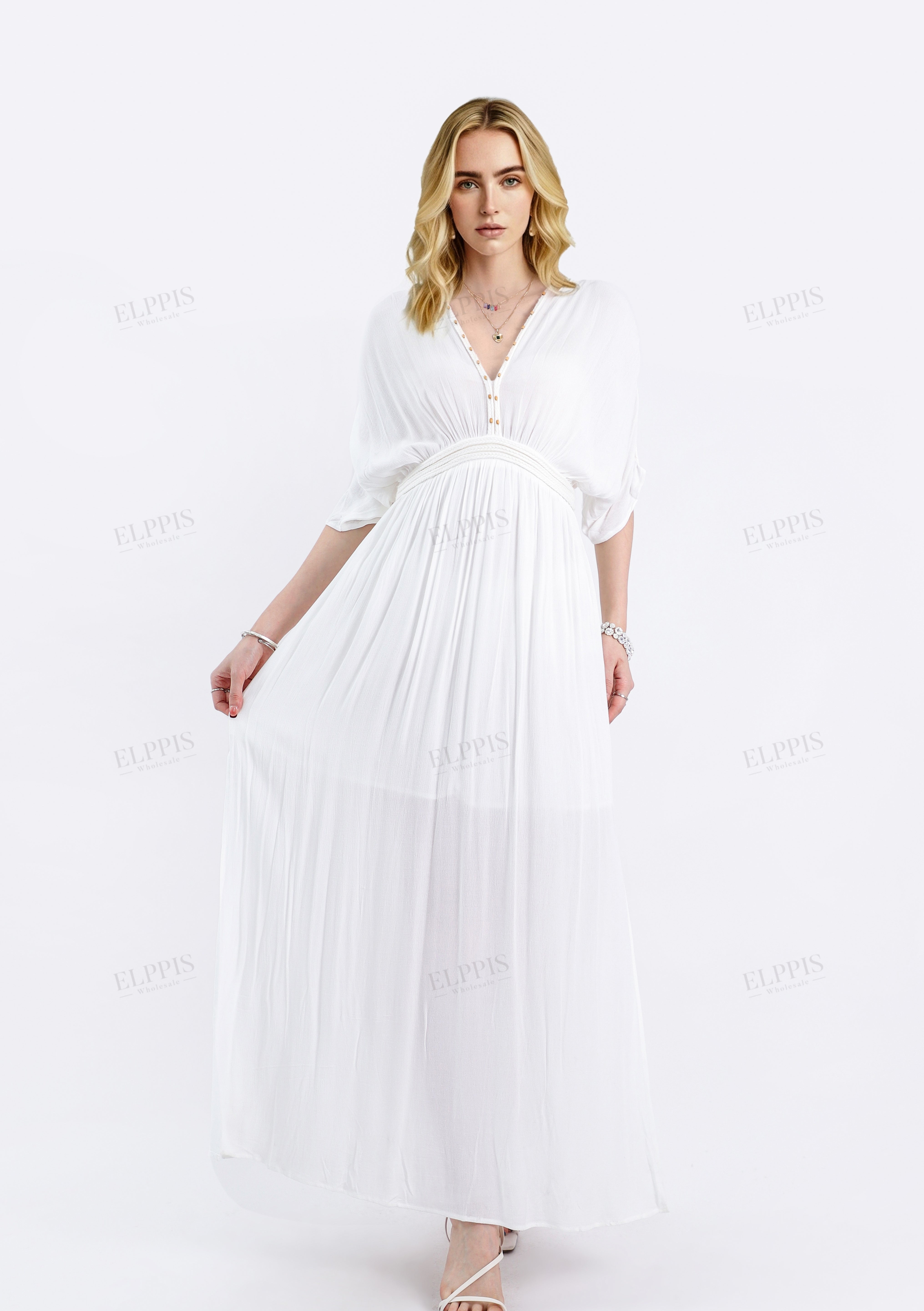 White Deep V-Neck Maxi Dress with Pearl Trim & Short Batwing Sleeves