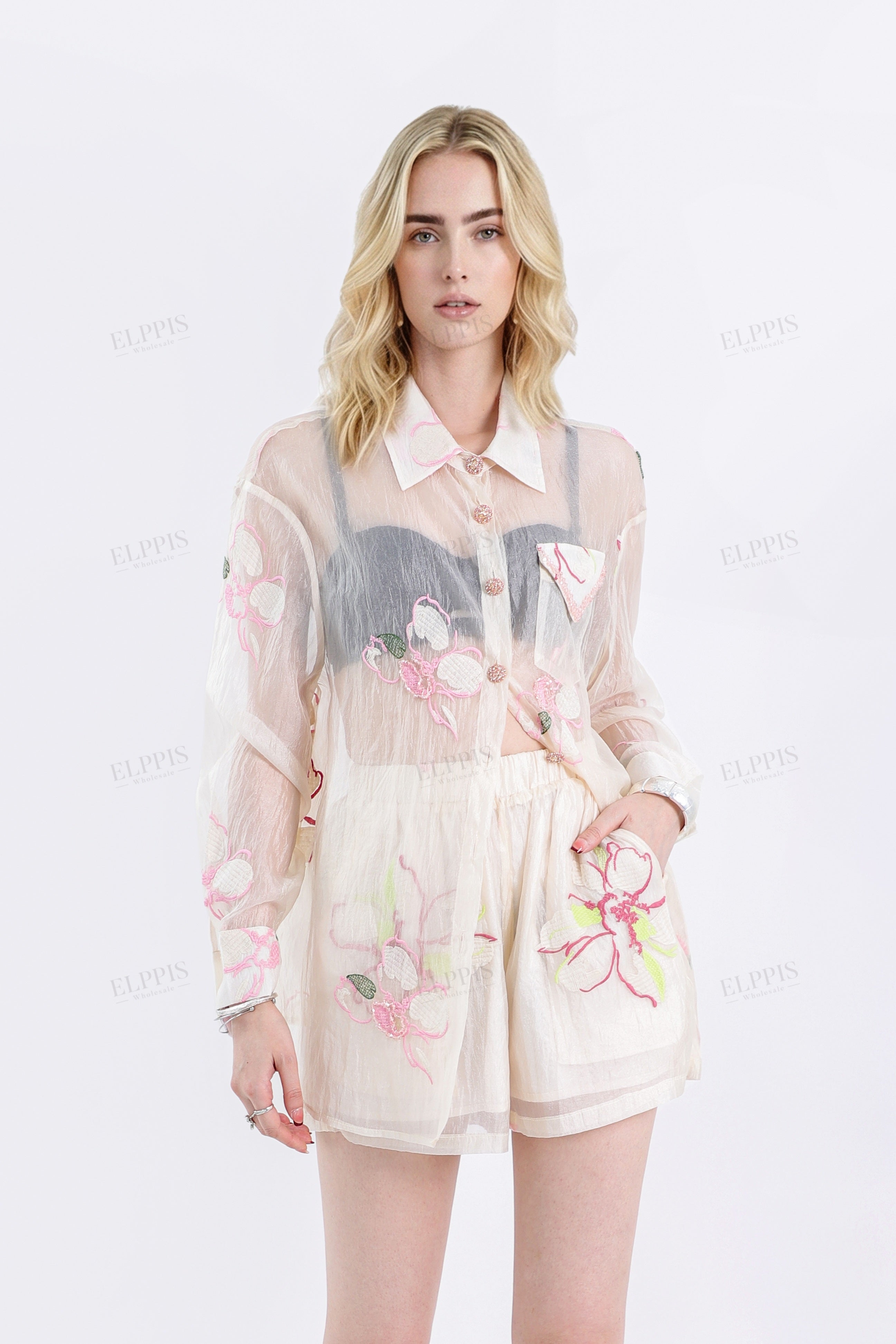 Sheer Pink Floral Embroidered Elastic Waist Shorts