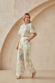 Cream Floral Print Eyelet Cropped Top with Flared Sleeves & Scalloped Hem