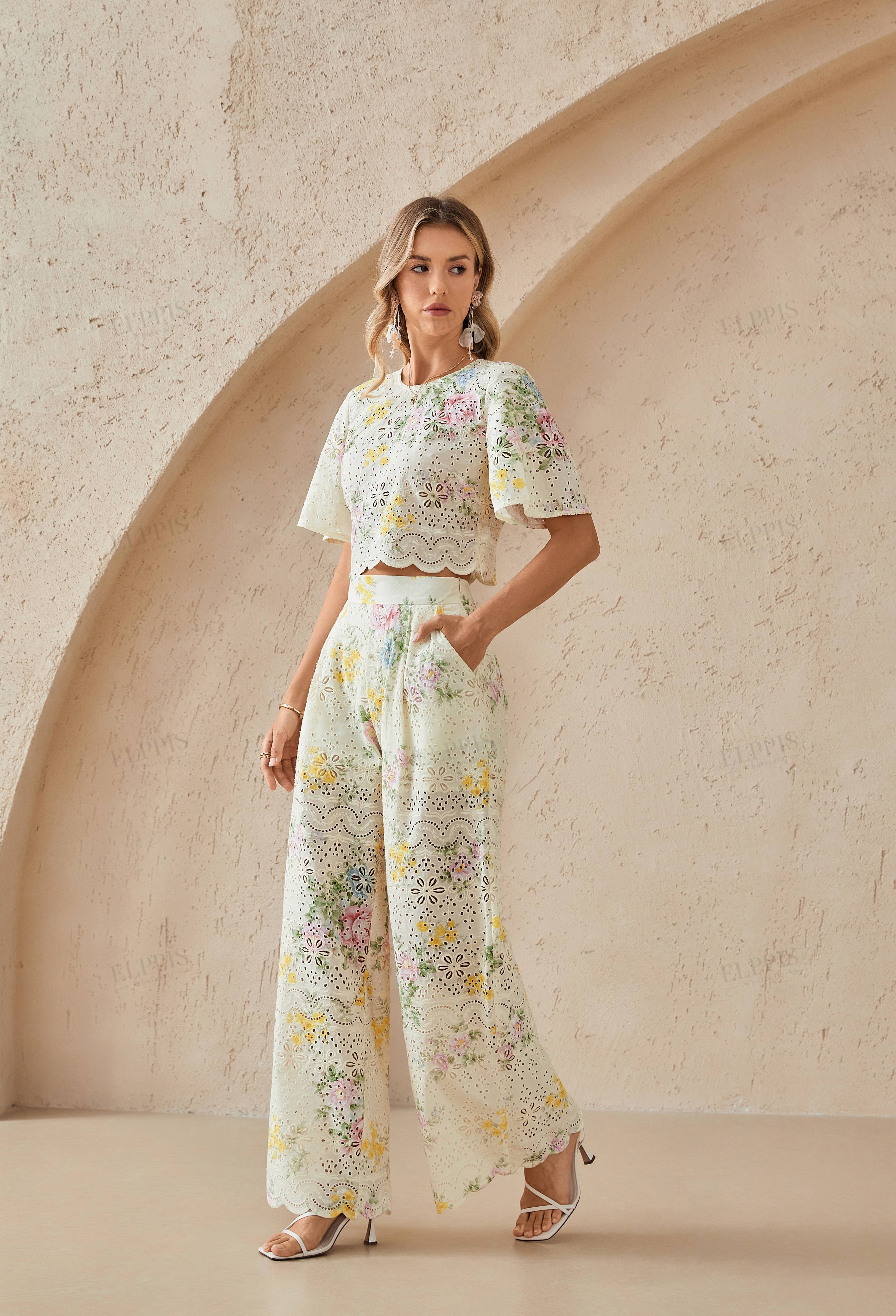 Cream Floral Print Eyelet Cropped Top with Flared Sleeves & Scalloped Hem