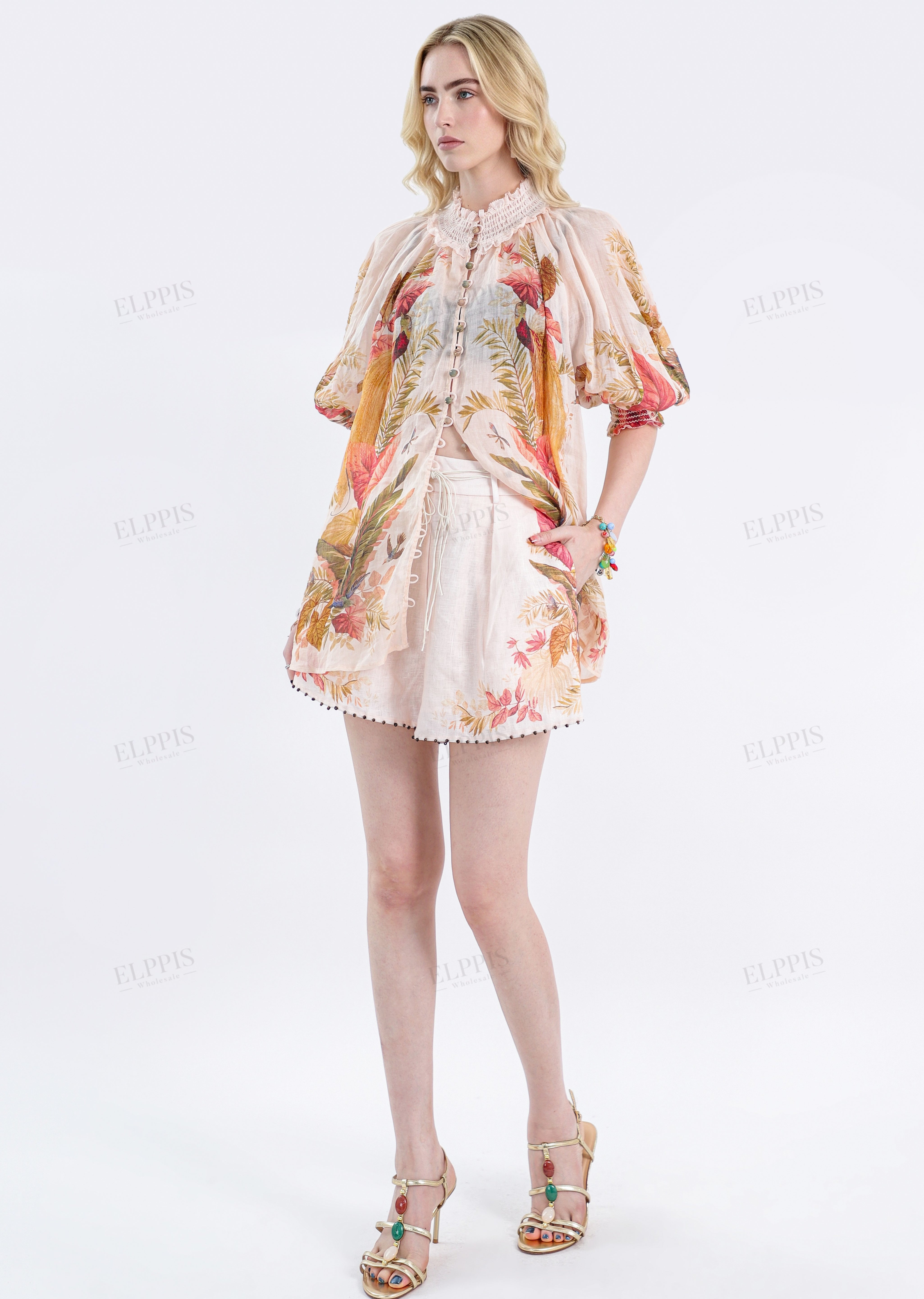Peach Tropical Print Puff-Sleeve Blouse with Ruffled Collar