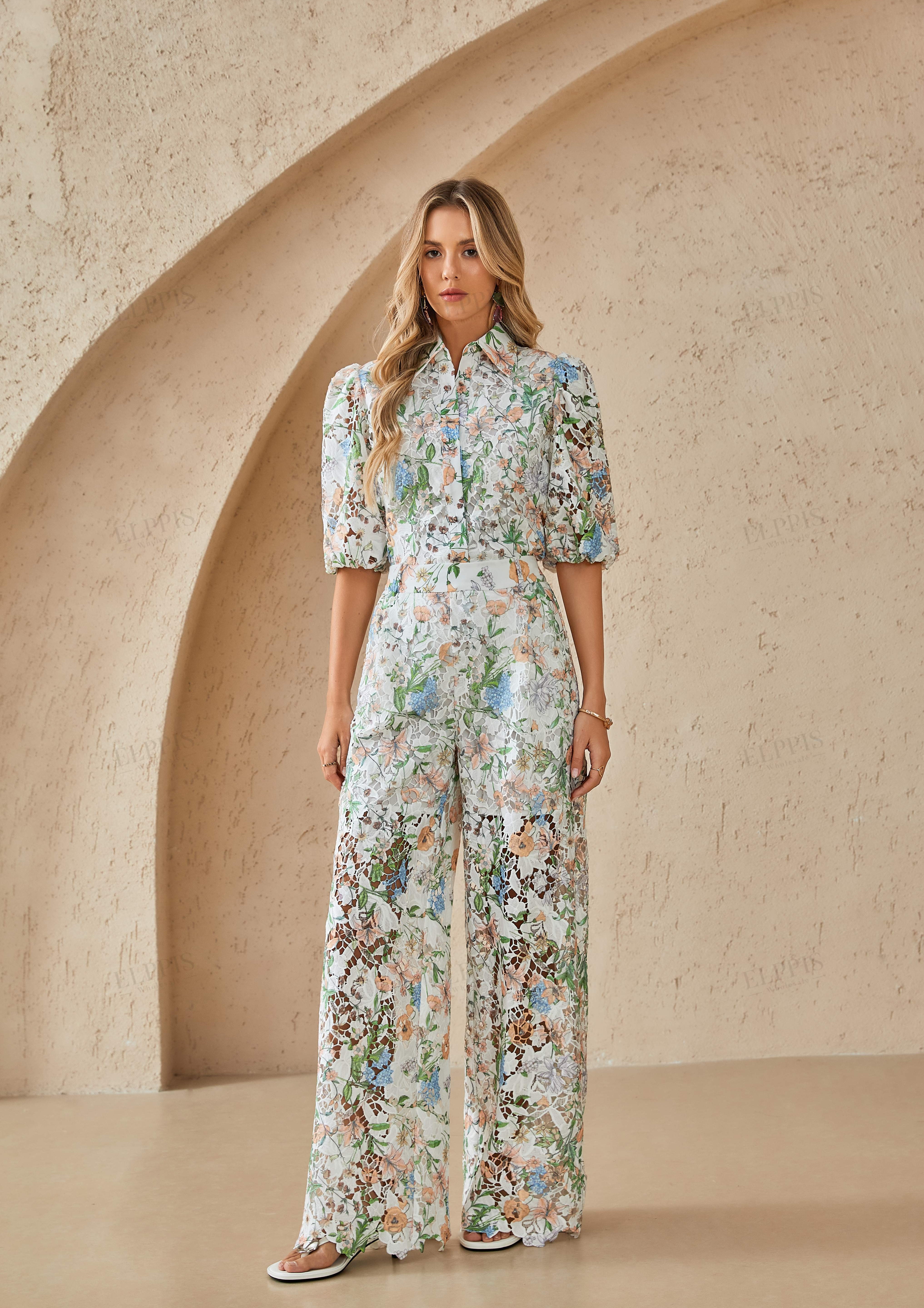 High-Waisted Floral Lace Wide-Leg Pants