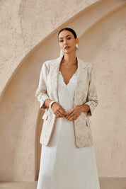 Beige Textured Linen-Blend Blazer with Floral Embroidery