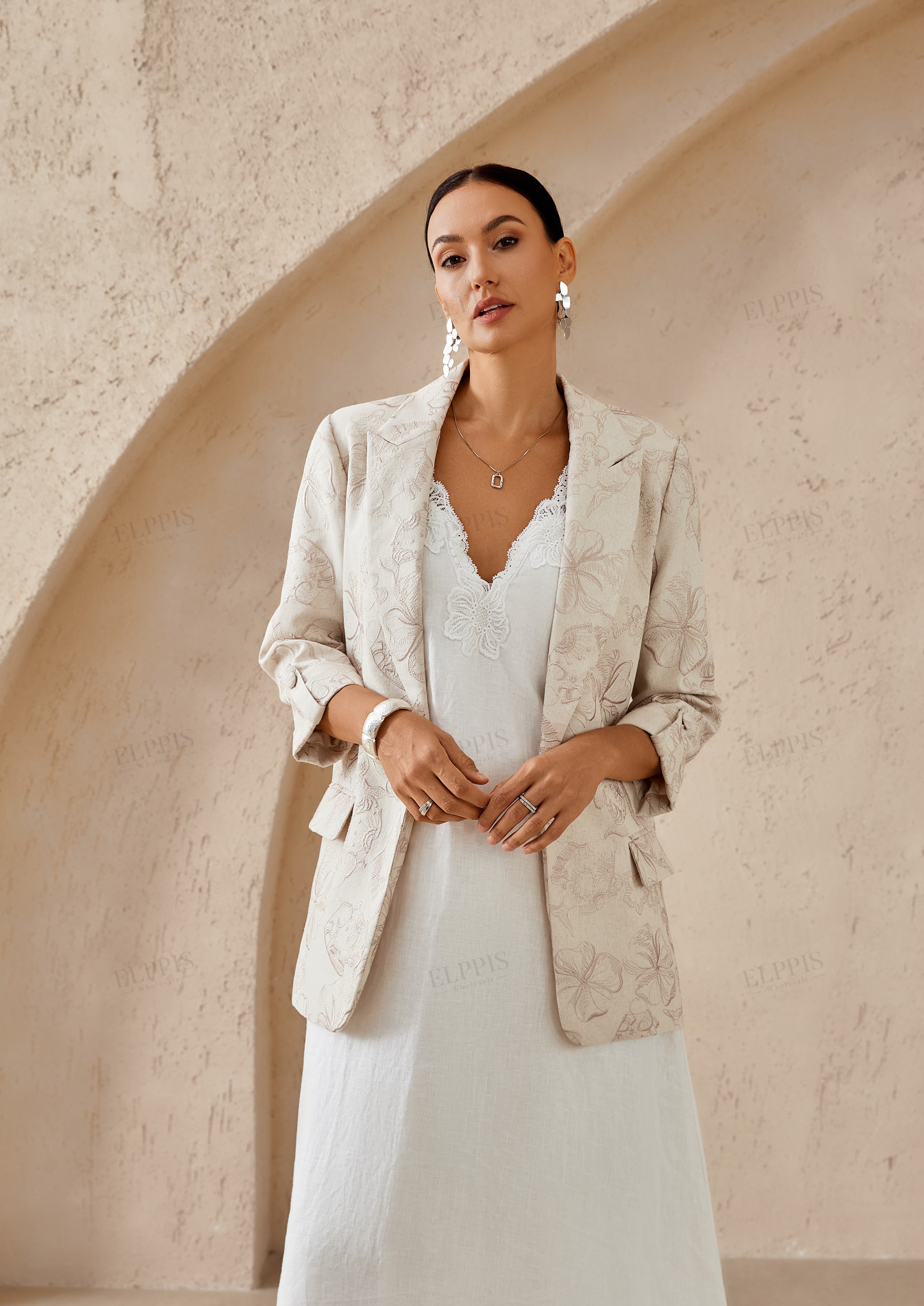 Beige Textured Linen-Blend Blazer with Floral Embroidery