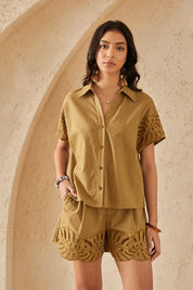 Olive Green Short-Sleeve Shirt with Leaf Cutwork Details