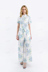 White & Floral (Blue/Yellow) Eyelet Wide-Leg Pants