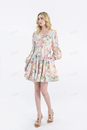 Vibrant Floral Print Long-Sleeve Mini Dress with Pearl Buttons