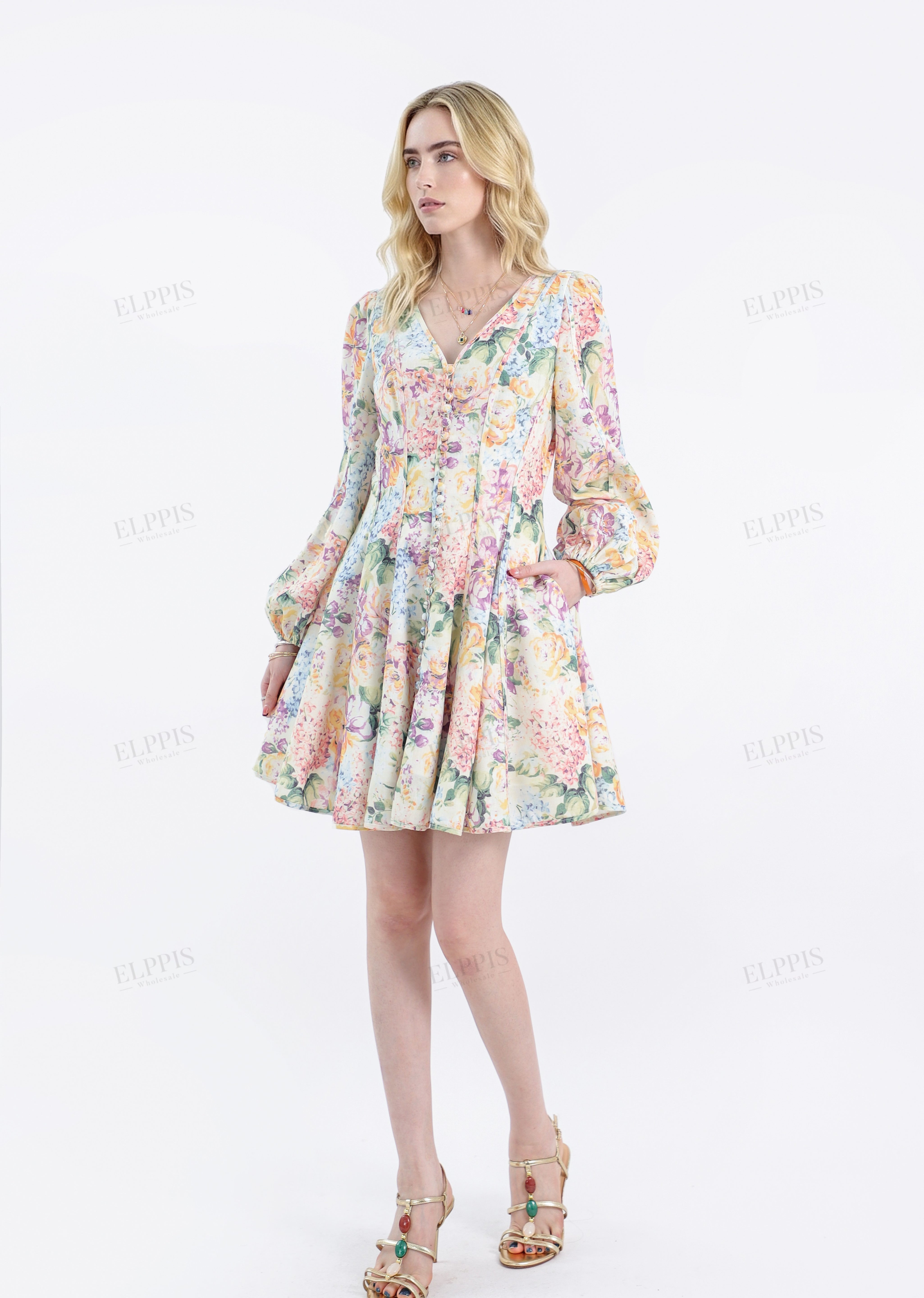 Vibrant Floral Print Long-Sleeve Mini Dress with Pearl Buttons