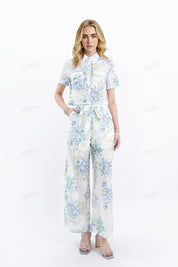 White & Floral (Blue/Yellow) Eyelet Wide-Leg Pants