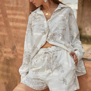 Embroidered cotton-linen O-line long sleeve maxi shirt