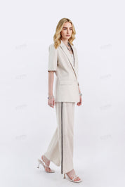 Beige Linen-Blend Wide-Leg Pants with Contrast Side Stitching