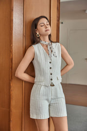 Beige Fine-Striped Linen-Blend Tailored Shorts