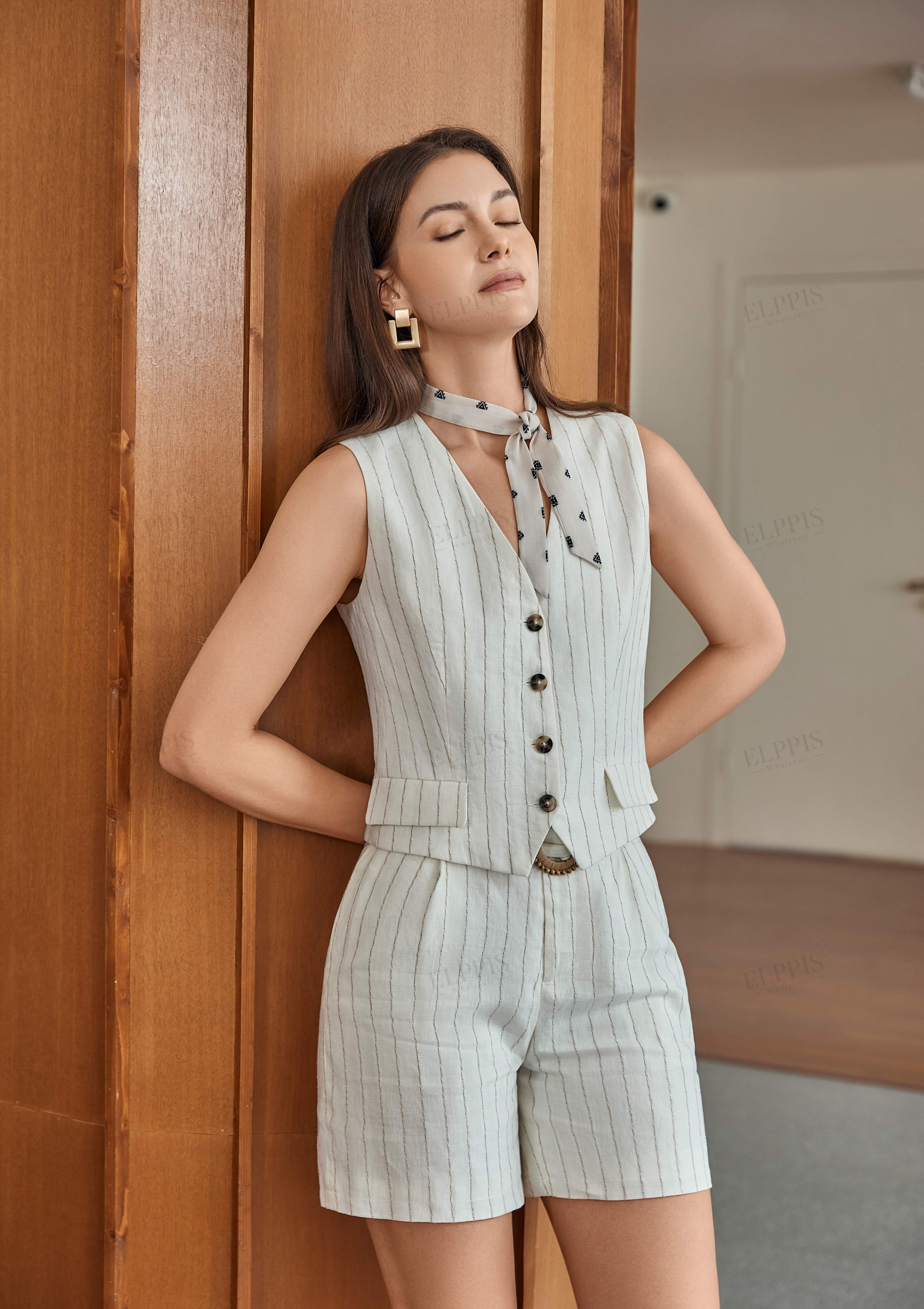 Beige Fine-Striped Linen-Blend Tailored Shorts