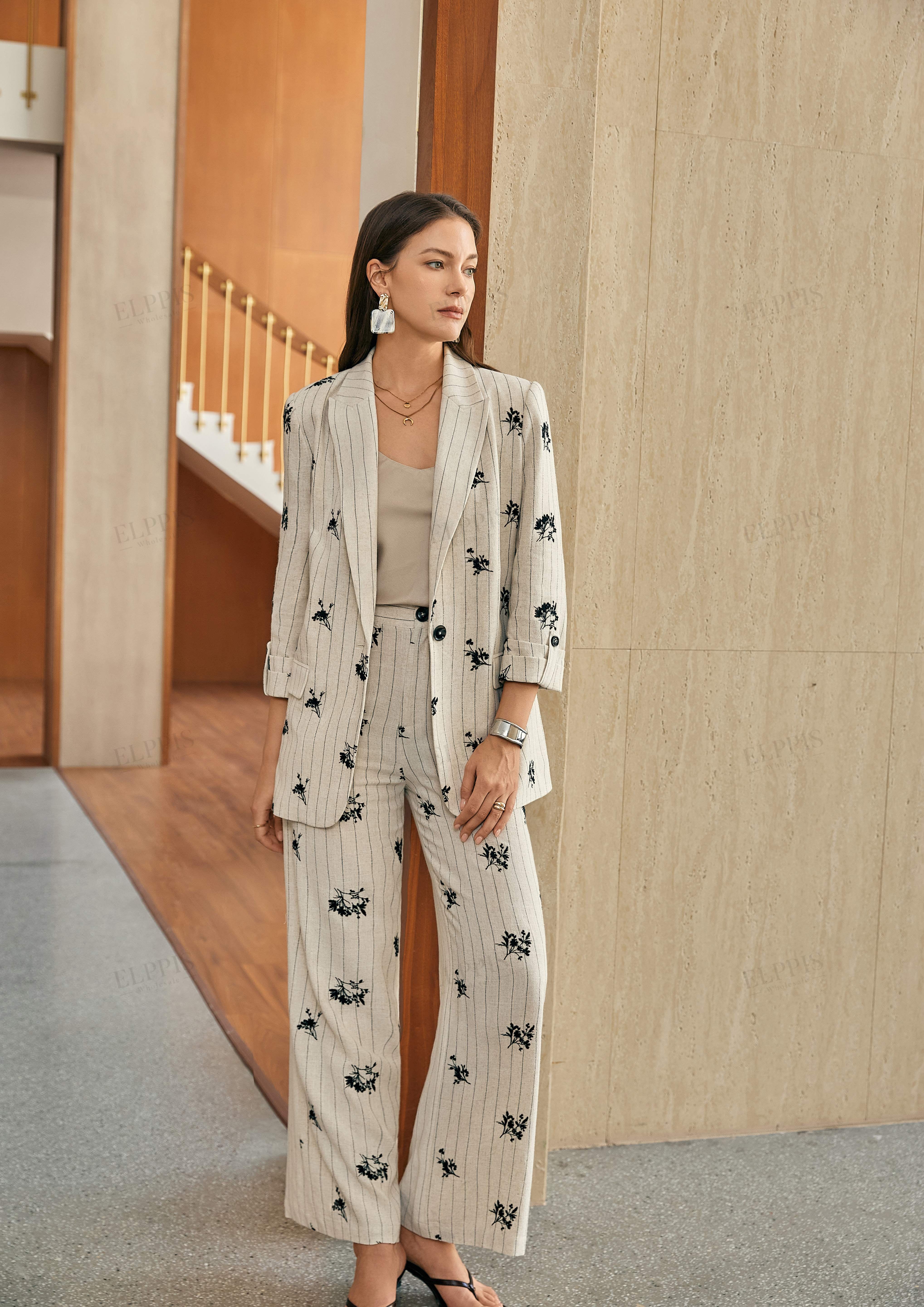 Beige Pinstripe Floral Embroidered Blazer