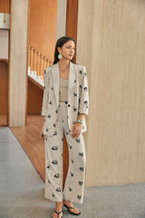 Beige Pinstripe Floral Embroidered Blazer