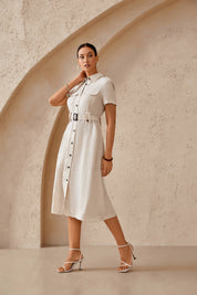 Beige Linen-Blend Shirt Dress with Belt