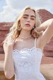 White Cotton Eyelet Midi Dress with Beaded Straps & Scalloped Hem