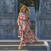 3D flower decorated collar long sleeve geometric print A-line long dress