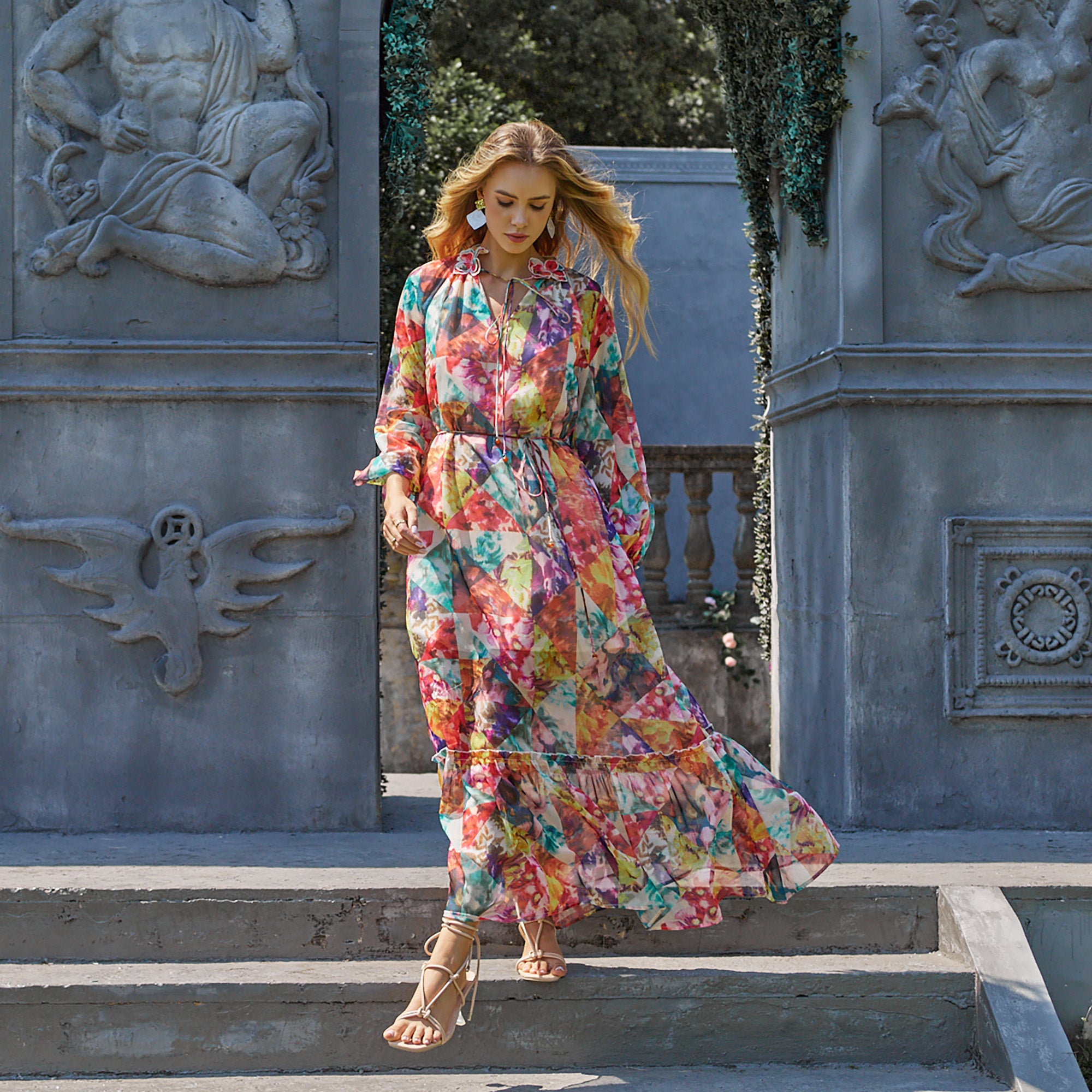 3D flower decorated collar long sleeve geometric print A-line long dress