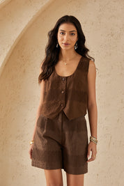 Brown Sleeveless Vest with Cutwork Lace & Textured Detail
