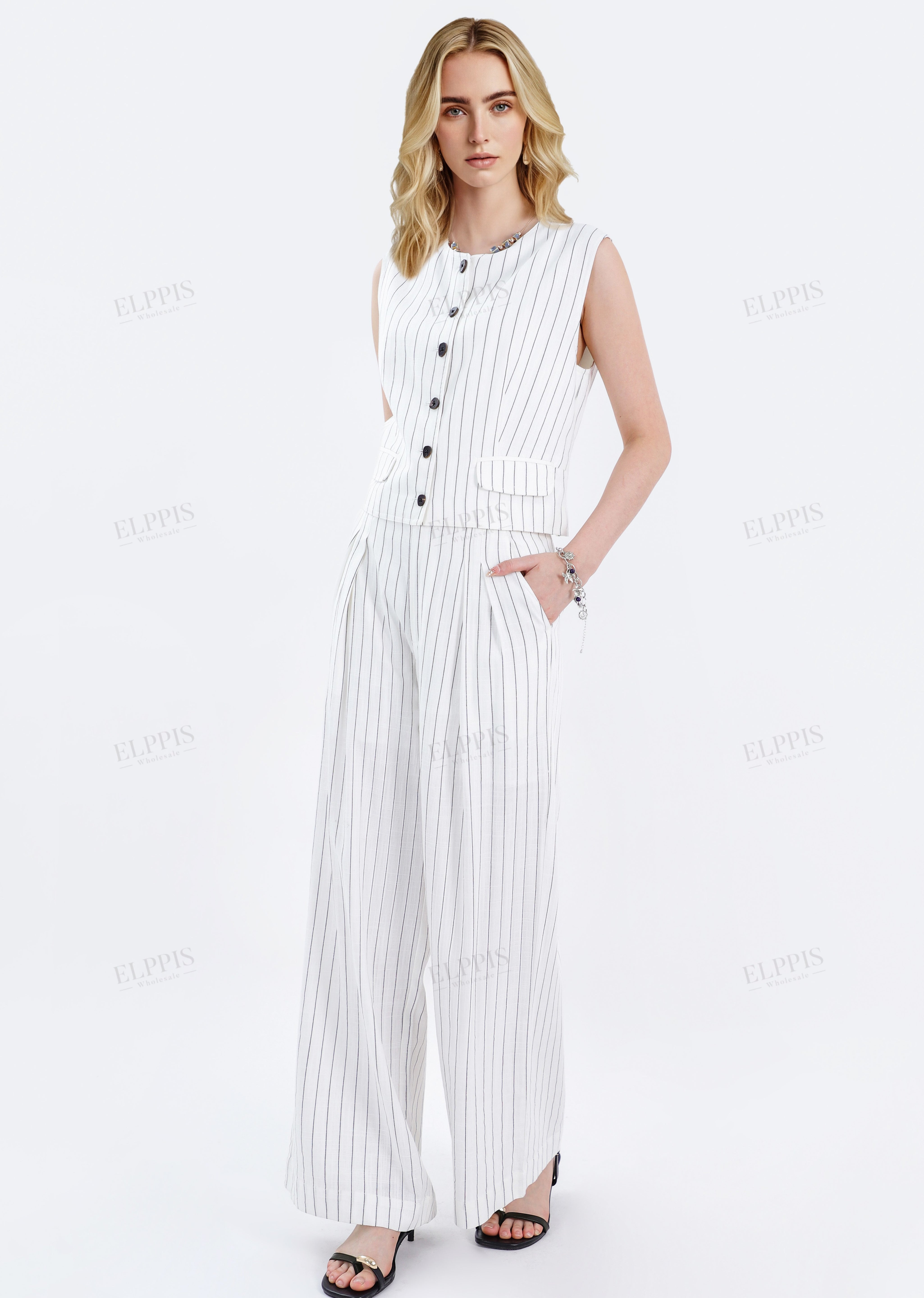 White Viscose-Linen Blend Striped Sleeveless Vest