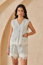 Black-Striped White Shorts with Lace Hem